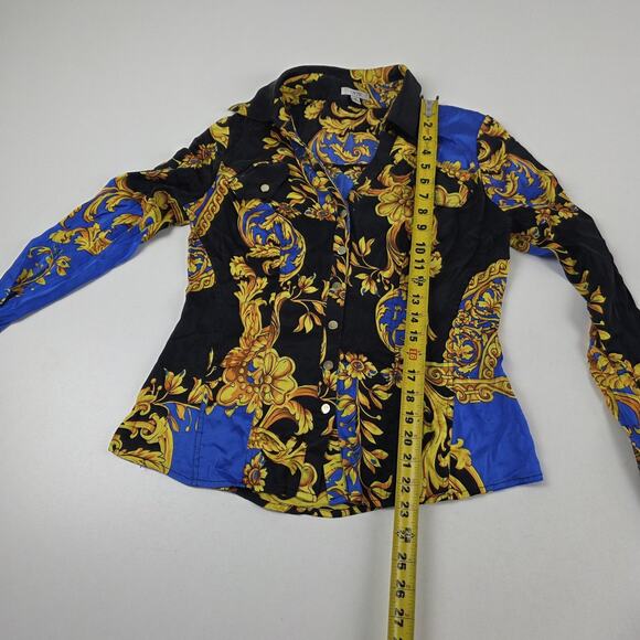 Cache Shirt Womens Medium Black Blue Gold Baroque Silk Stretch Snap Front Fitted - Picture 3 of 12